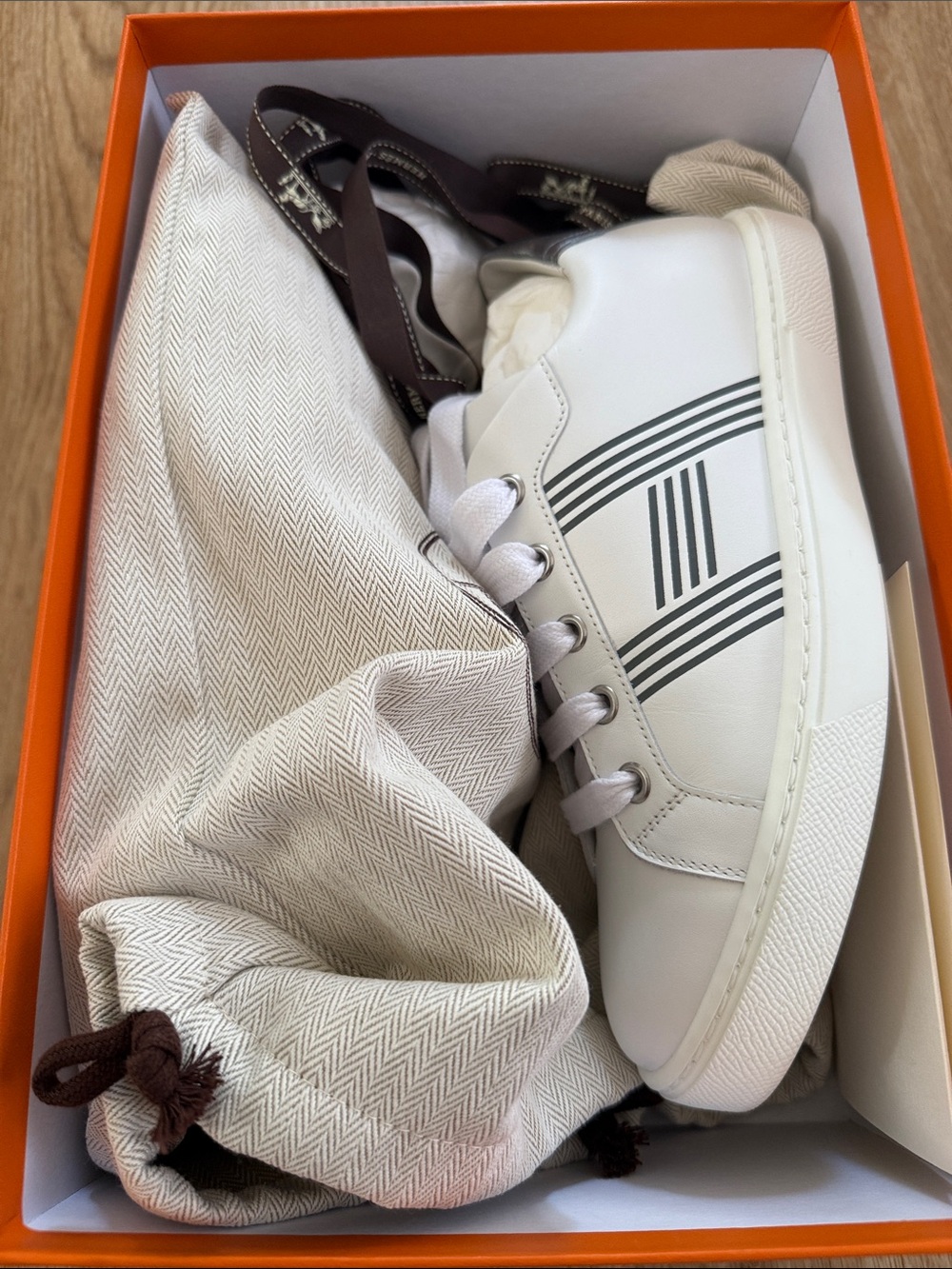 Hermes White Leather Sneakers with Silver Stripe Accent